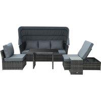 Outsunny Rattan Garden Sofa Set, 5-Seater Outdoor Furniture with Reclining Sofa, Adjustable Canopy &