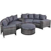 Outsunny 4-Seater Outdoor PE Rattan Wicker Sofa Set Half Round Conversation w/ 1 Umbrella Hole Side Table and 2 Storage Side Tables Grey