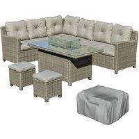 Outsunny 8-Seater Outdoor PE Rattan Sofa Set Conversation Set w/ Fire Pit Table, L-Shape Sofa, Footstool, Olefin Cushions and Furniture Cover