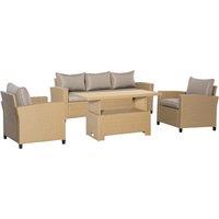 Outsunny Rattan Garden Sofa Set, 5-Seater Patio Conversation Set with Aluminium Frame & Wood Eff
