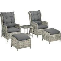 Outsunny 5 Pieces PE Rattan Sun Lounger Set, Outdoor Half-round Wicker Recliner Sofa Bed with Glass Top Two-tier Table and Footstools, Mixed Grey