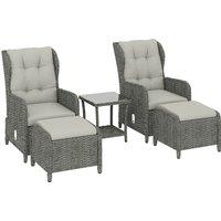 Outsunny 5 Piece Garden Furniture Set, Rattan Reclining Garden Chair Set of 2 with Footstool and Cushion for Balcony, Cream