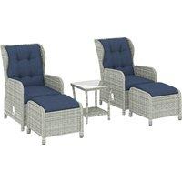 Outsunny 5 Piece Garden Furniture Set, Rattan Reclining Garden Chair Set of 2 with Footstool and Cushion for Balcony, Dark Blue