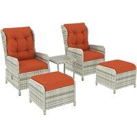 Outsunny 5 Pieces Rattan Bistro Set with Adjustable Back, Reclining Wicker Balcony Furniture with Cushions, Glass Top, Footstools, Orange