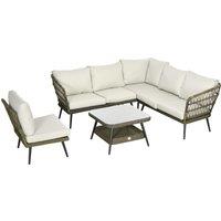 Outsunny 6-Seater Outdoor Rattan Corner Sofa, Round and Twin Half-round Wicker Woven Rattan Garden Furniture w/ Thick Padded Cushions, Grey