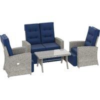 Outsunny 4 Piece Rattan Garden Furniture Set Outdoor Sofa Sectional Set with Glass Top Table for Poolside, Navy Blue