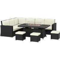 Outsunny 7 Pieces PE Rattan Garden Furniture Set, 50,000 BTU Gas Fire Pit Table, Double Corner Sofa and 3 Footstools