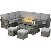 Outsunny 9-Seater PE Rattan Garden Furniture Set, 50,000 BTU Gas Fire Pit Table, Double Corner Sofa, 3 Footstools, Grey