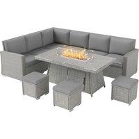 Outsunny 7 Pieces PE Rattan Garden Furniture Set, 50,000 BTU Gas Fire Pit Table, Double Corner Sofa and 3 Footstools for Conservatory, Grey