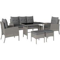 Outsunny 5 Seater Rattan Garden Furniture Set, 2 Armchairs, 3-Seater Wicker Sofa, 2 Footstools and Glass Table for Conservatory, Grey
