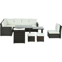 Outsunny 7 Piece Rattan Garden Furniture Set with Cushioned Sofa Seat, Footstools and Expandable Glass Table, 10-Seater, Cream Aosom UK