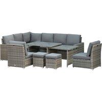 Outsunny 7 Piece Rattan Garden Furniture Set, 10-Seater Sofa Sectional with Cushioned Sofa Seat, Footstools and Expandable Glass Table for Yard Grey