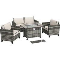 Outsunny 5-Piece Rattan Patio Furniture Set with Gas Fire Pit Table, Loveseat Sofa, Armchairs, Cushions, Pillows, Grey