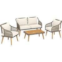 Outsunny 4 Piece Rattan Garden Furniture Set with Loveseat, Armchairs, Wood Table, Wicker Patio Conversation Set, Cream White