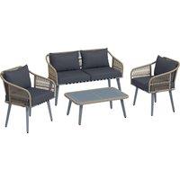 Outsunny 4 Piece Rattan Garden Furniture Set with Loveseat, Armchairs, Wood Table, Wicker Patio Conversation Set, Grey