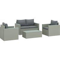 Outsunny 4 Piece Rattan Garden Furniture Set, 4 Seater Wicker Outdoor Sofa Set with 2 Armchairs, Loveseat, Acacia Wood Top Coffee Table, Cushions, Patio Conservatory Set for Balcony, Light Grey