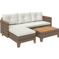 Outsunny 3 Pieces Rattan Garden Furniture Set, L Shaped Garden Conversation Chaise Lounge Furniture with Wood Top Coffee Table and Thick Cushions, Cream