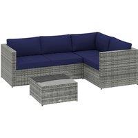 Outsunny 3 Pieces PE Rattan Garden Furniture Set with 10 cm Thick Cushions, 4 Seater Garden Corner Sofa Set with Glass Top Coffee Table, Outdoor Furniture for Patio, Porch, Blue