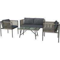 Outsunny 4 Piece Rattan Garden Furniture Set, 4 Seater Wicker Outdoor Furniture Set with 2 Armchairs, Loveseat, Glass Top Coffee Table and Cushions for Balcony, Porch, Grey