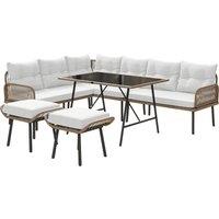 Outsunny 6 Piece Rattan Garden Furniture Set, 8 Seater Garden Corner Sofa with Cushions and Glass Top Table, Sectional Outdoor Furniture Conservatory Set for Patio, Cream White