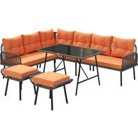 Outsunny 6 Piece Rattan Garden Furniture Set, 8 Seater Garden Corner Sofa with Cushions and Glass Top Table, Orange