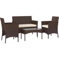 Outsunny 4 Piece Rattan Garden Furniture Sofa Set with Loveseat, Armchairs, Glass-Top Coffee Table and Cushions, Brown