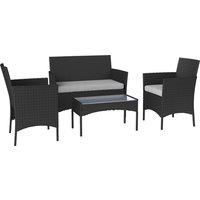 Outsunny 4 Piece Rattan Garden Furniture Sofa Set with Loveseat, Armchairs, Glass-Top Coffee Table and Cushions, Black