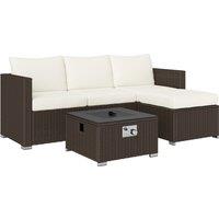 Outsunny Five Piece Rattan Garden Furniture Set with Gas Fire Pit Table and Footstool - Brown and Cream White