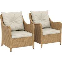Outsunny Rattan Garden Chairs Set of 2, Outdoor Rattan Chairs with Cushions, Armrests and High Back, PE Wicker Garden Armchair with Steel Frame for Balcony, Porch, Beige
