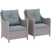 Outsunny Rattan Garden Chairs Set of 2, Outdoor Rattan Chairs with Cushions, Armrests and High Back, PE Wicker Garden Armchair with Steel Frame for Balcony, Porch, Light Grey