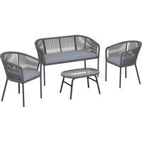 Outsunny 4 Piece Garden Furniture Set, Rope Garden Sofa Set with 1 Loveseat 2 Chairs Tempered Glass Table Cushions, Dark Grey