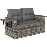 Outsunny 2 Seater Rattan Garden Sofa Outdoor Loveseat with Hidden Side Trays and Cushions for Patio Balcony, Dark Grey