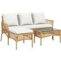 Outsunny 3 Piece Rattan Garden Furniture Corner Sofa Set with Chaise Lounge, Loveseat, Glass Coffee Table, Cushions, Natural Wood