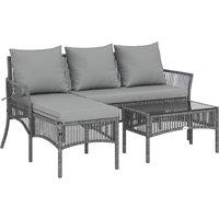 Outsunny 3 Piece Rattan Garden Furniture Corner Sofa Set with Chaise Lounge, Loveseat, Glass Coffee Table, Cushions, Dark Grey