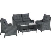 Outsunny 4-Piece Wicker Patio Furniture Set with 2 Armchairs, Loveseat, Glass Coffee Table, Conversation Sofa Set, Dark Grey