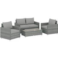 Outsunny 4 Piece Rattan Garden Furniture Set with Loveseat, 2 Armchairs, Glass-Top Table, Wicker Patio Conversation Set, Grey