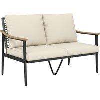 Outsunny 2 Seater Rattan Sofa, Outdoor Garden Sofa with Wood-Effect Armrests, Cushions for Patio, Balcony, Khaki