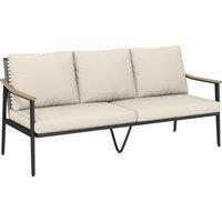 Outsunny 3 Seater Rattan Sofa, Outdoor Garden Sofa with Wood-Effect Armrests, Cushions for Patio, Balcony, Khaki