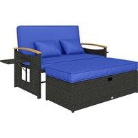 Outsunny Double Garden Rattan Daybed, Wicker Sun Bed Chaise Lounger with Storage Ottoman, 4-Level Adjustable Backrest, Brown