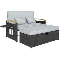 Outsunny Double Garden Rattan Daybed, Wicker Sun Bed Chaise Lounger with Storage Ottoman, 4-Level Adjustable Backrest, Dark Grey