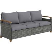 Outsunny 3 Seater Rattan Garden Sofa, PE Wicker Outdoor Sofa Wide Deep Seat, 4" Cushions, Wood-Effect Armrests Legs, Dark Grey
