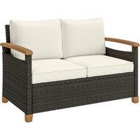 Outsunny 2 Seater Rattan Garden Sofa, Outdoor Sofa with Thickened Cushions and Acacia Wood Armrests, Brown