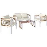 Outsunny 4 Piece Rattan Garden Furniture Set with Loveseat, 2 Armchairs, Table, Metal Frame Patio Conversation Set, Cream White