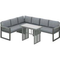 Outsunny 6 Seater Rattan Garden Furniture Set with 3 Loveseats, Table, Patio Rattan Furniture Corner Sofa Set, Grey