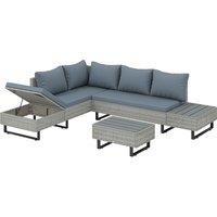 Outsunny 5 Seater Rattan Garden Furniture Set, L Shaped Garden Corner Sofa, Adjustable Back, Faux Wood Tables, Grey