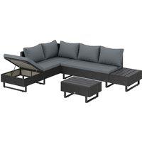 Outsunny 5 Seater Rattan Garden Furniture Set, L Shaped Garden Corner Sofa, Adjustable Back, Faux Wood Table, Dark Grey