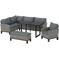 Outsunny 9 Seater Rattan Garden Furniture Corner Sofa Set, Outdoor Dining Set with Faux Wood Table, Ottoman, Cushions, Dark Grey