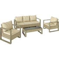 Outsunny 4 Piece Rattan Garden Furniture Set with 3-Seater Sofa, Armchairs, Table, Aluminium Frame Patio Conversation Set, Khaki