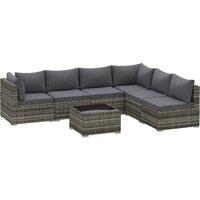Outsunny 7 Pieces Outdoor PE Rattan Corner Sofa Set, Patio Wicker Conversation Chaise Lounge Furniture w/ Tempered Glass Table-top & Soft Padded Cushion for Garden, Backyard, Lawn, Dark Grey