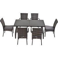 Outsunny 6-Seater Garden Dining Set Steel Frame PE Rattan Wicker w/ 6 Chairs Large Table Glass Top C